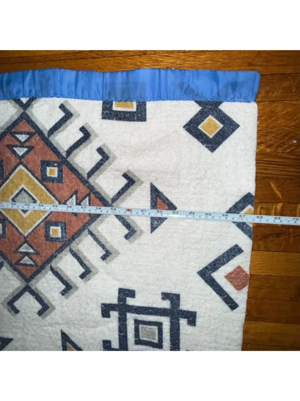 Vintage 1980s Southwestern Aztec Pressed Fleece Blanket with Blue Satin Trim
